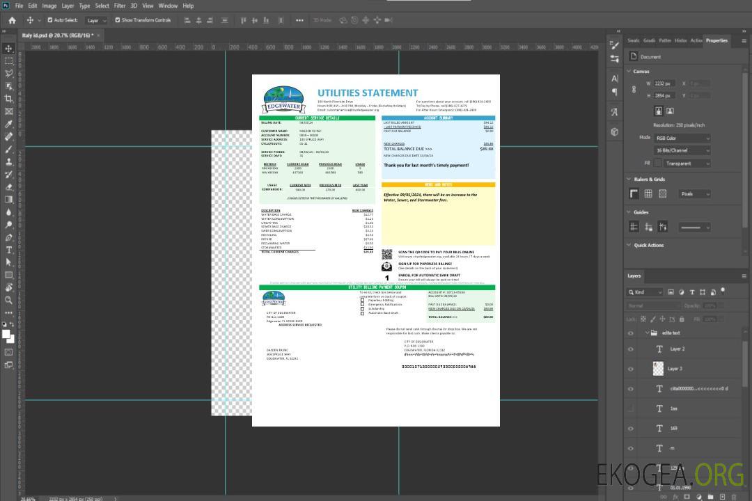 Modèle de facture de services publics de la ville d'Edgewater, États-Unis, Floride, aux formats Word et PDF template